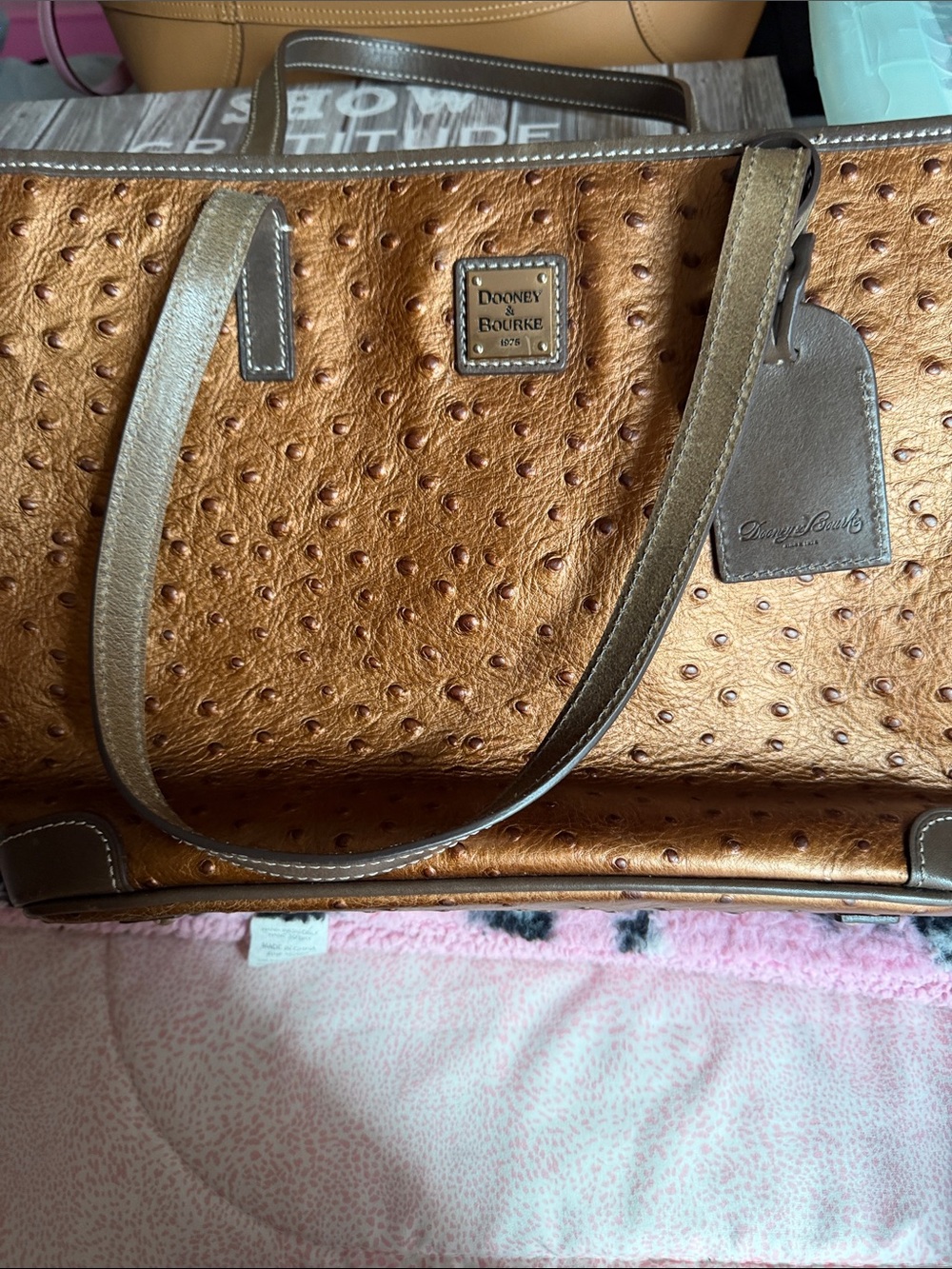 Dooney & Bourke Metallic Bronze Ostrich-Embossed Tote with Brown Accents